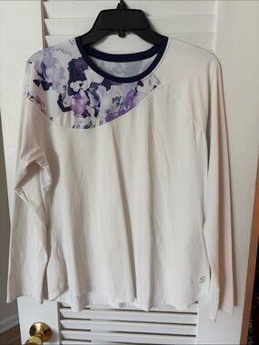 Sofibella Women's Long Sleeve White Athletic Top with Purple Floral Yoke